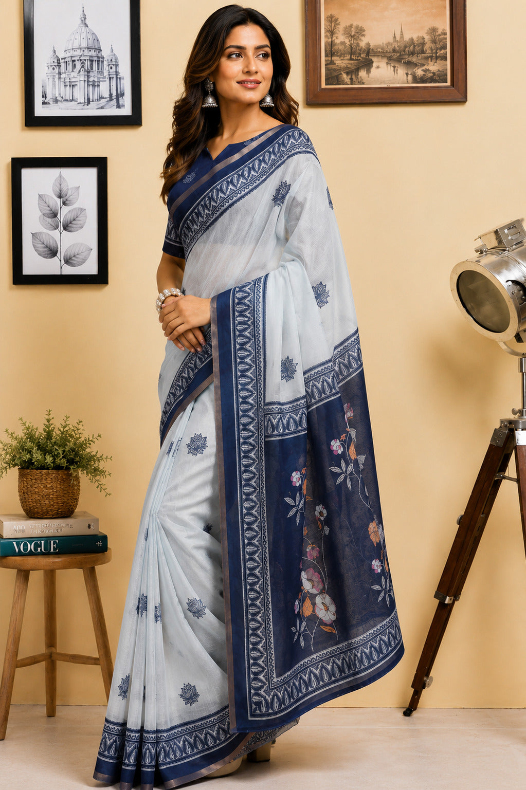 Dwija Fashion White Party Wear Printed Linen Ready To Wear Saree With Unstitched Blouse | Grocsy