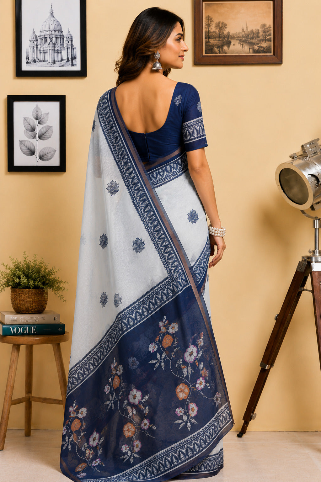 Dwija Fashion White Party Wear Printed Linen Ready To Wear Saree With Unstitched Blouse | Grocsy