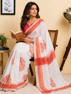 Dwija Fashion White Party Wear Printed Linen Ready To Wear Saree With Unstitched Blouse | Grocsy