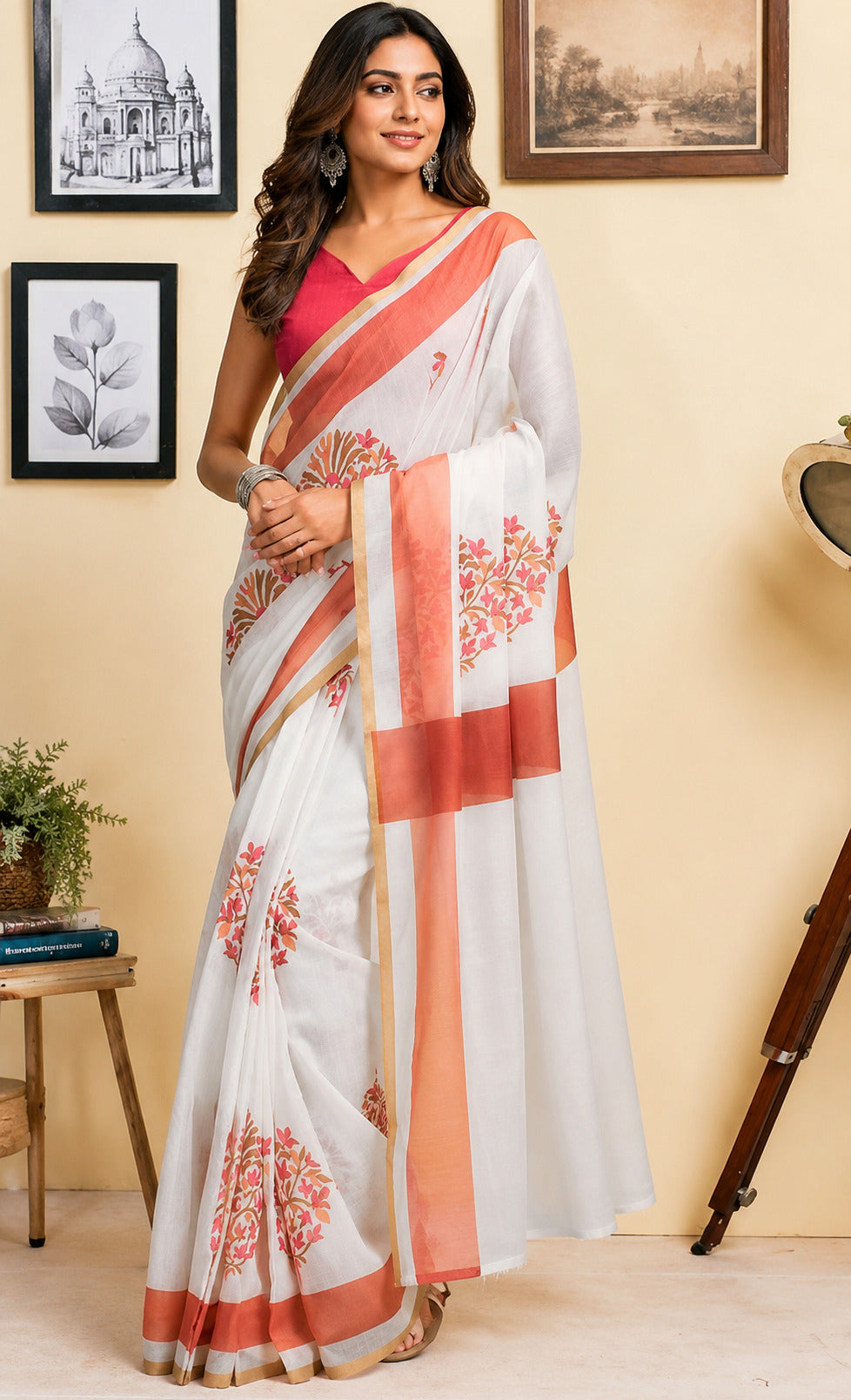 Dwija Fashion White Party Wear Printed Linen Ready To Wear Saree With Unstitched Blouse | Grocsy