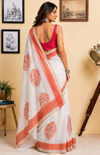 Dwija Fashion White Party Wear Printed Linen Ready To Wear Saree With Unstitched Blouse | Grocsy