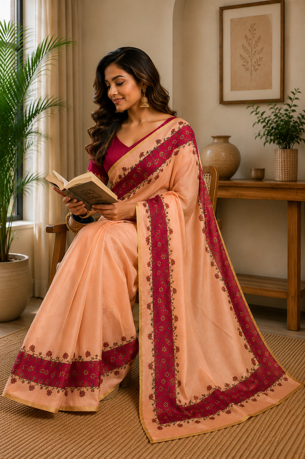Dwija Fashion Peach Party Wear Printed Linen Ready To Wear Saree With Unstitched Blouse | Grocsy