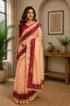 Dwija Fashion Peach Party Wear Printed Linen Ready To Wear Saree With Unstitched Blouse | Grocsy