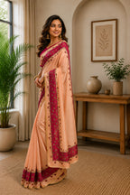 Dwija Fashion Peach Party Wear Printed Linen Ready To Wear Saree With Unstitched Blouse | Grocsy