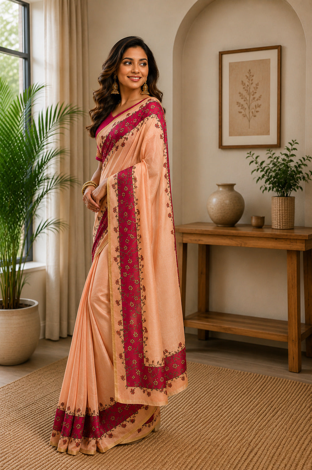 Dwija Fashion Peach Party Wear Printed Linen Ready To Wear Saree With Unstitched Blouse | Grocsy