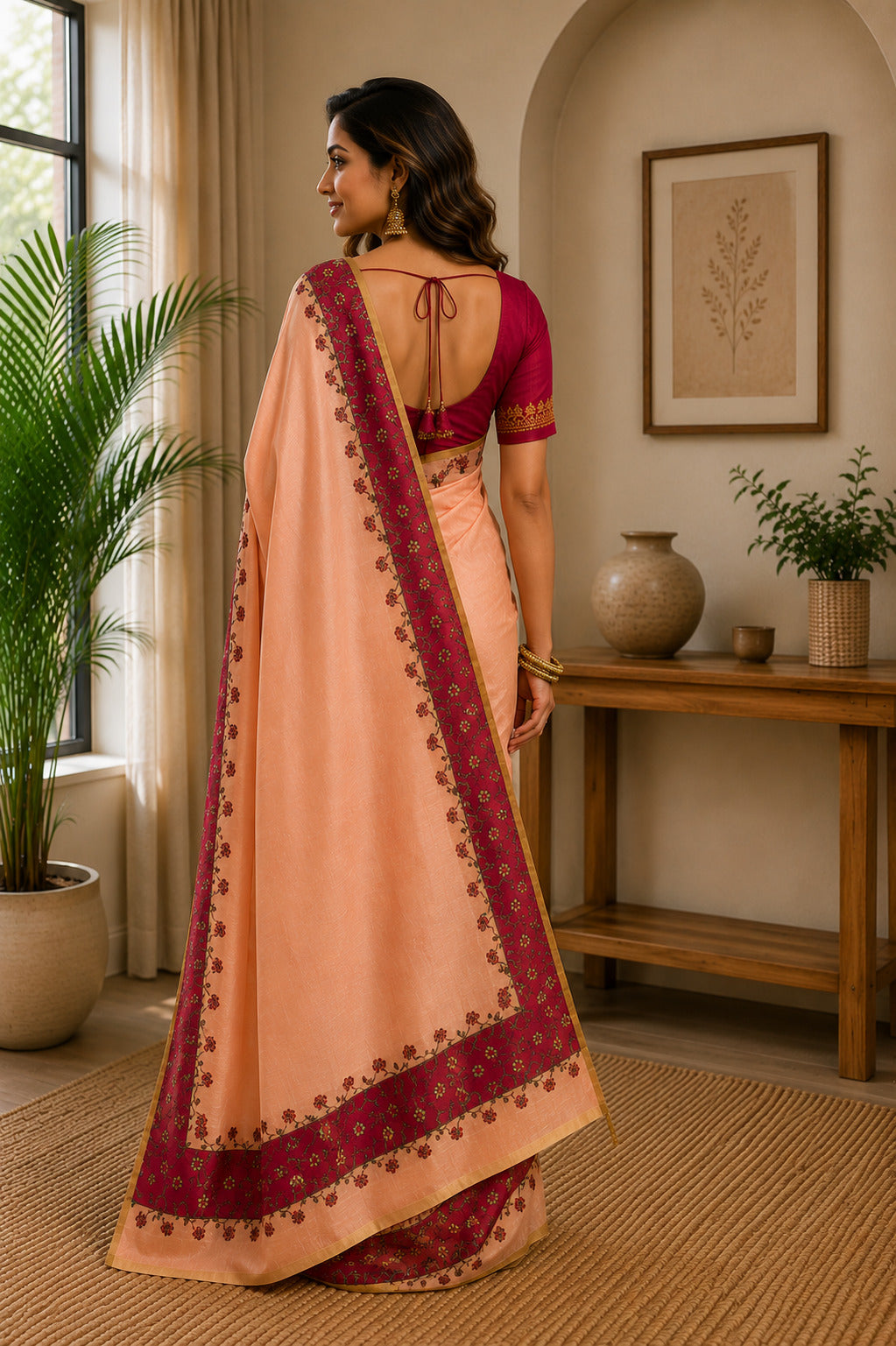 Dwija Fashion Peach Party Wear Printed Linen Ready To Wear Saree With Unstitched Blouse | Grocsy