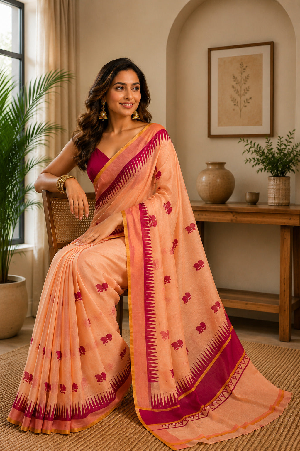 Dwija Fashion Peach Party Wear Printed Linen Ready To Wear Saree With Unstitched Blouse | Grocsy