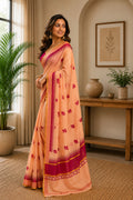 Dwija Fashion Peach Party Wear Printed Linen Ready To Wear Saree With Unstitched Blouse | Grocsy
