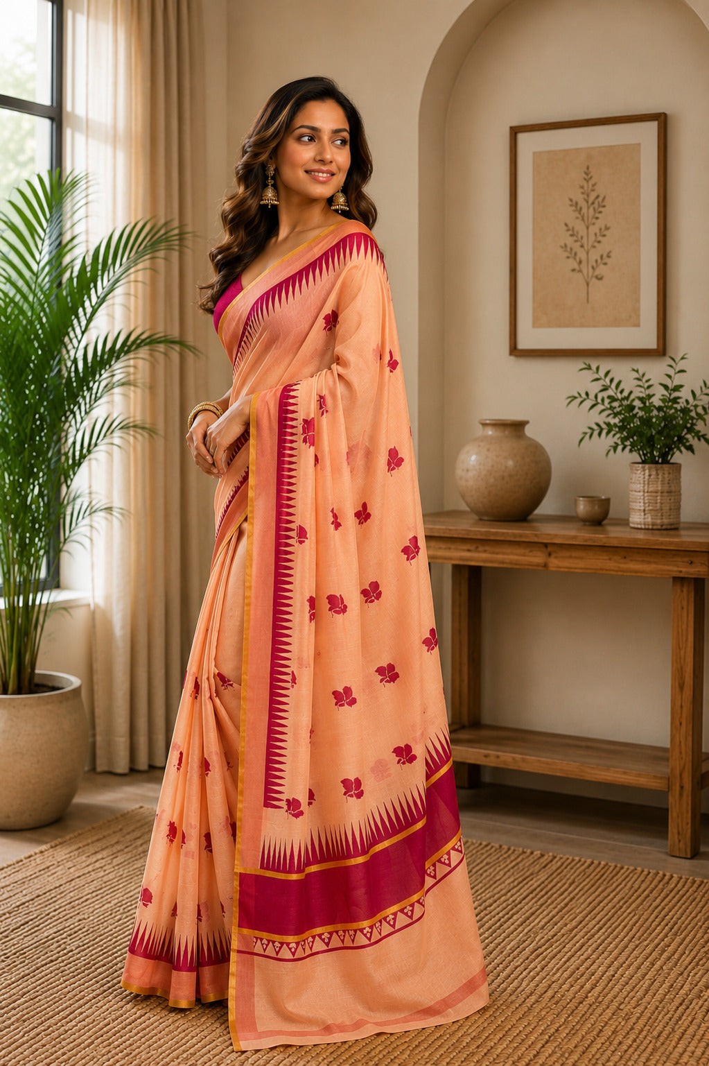 Dwija Fashion Peach Party Wear Printed Linen Ready To Wear Saree With Unstitched Blouse | Grocsy