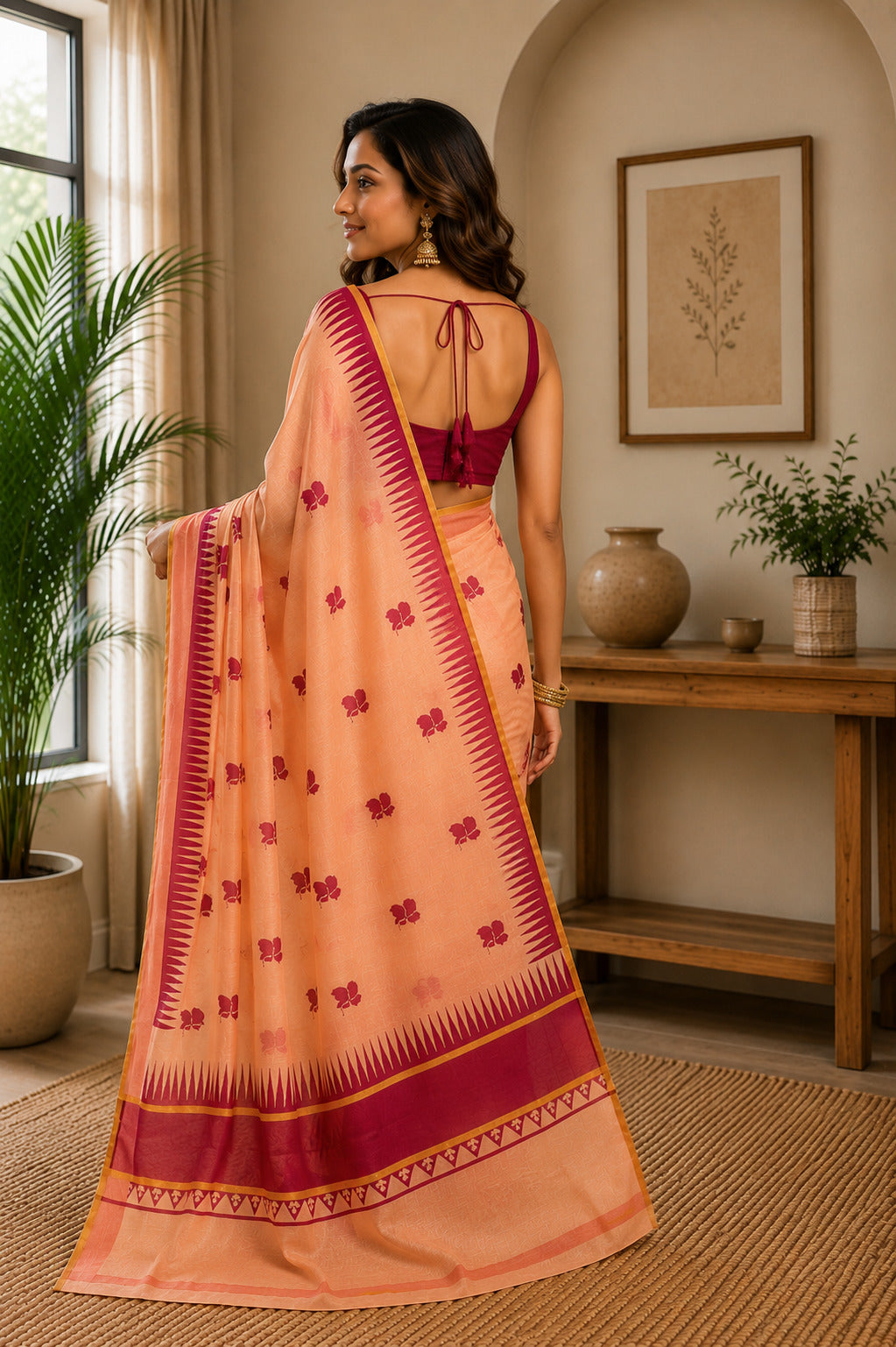 Dwija Fashion Peach Party Wear Printed Linen Ready To Wear Saree With Unstitched Blouse | Grocsy
