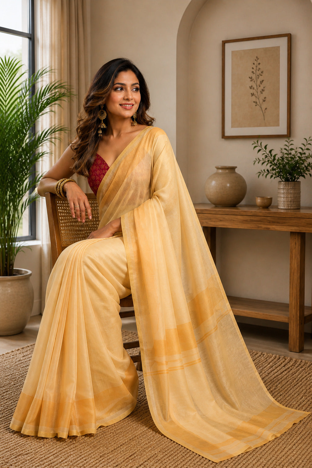 Dwija Fashion Yellow Party Wear Printed Linen Ready To Wear Saree With Unstitched Blouse | Grocsy