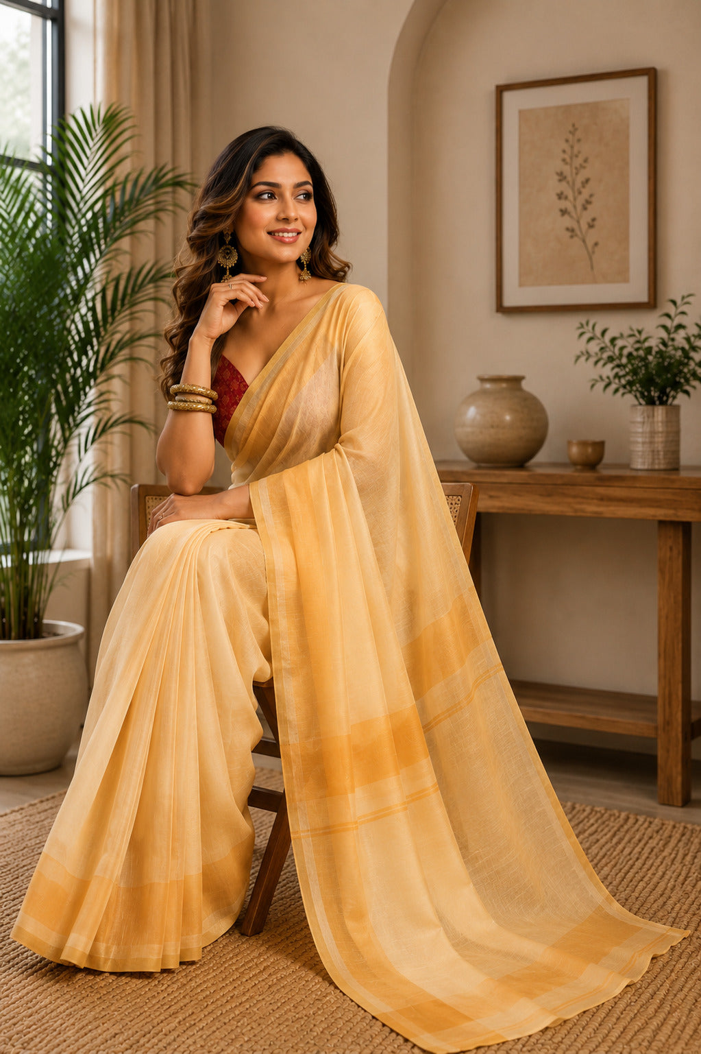 Dwija Fashion Yellow Party Wear Printed Linen Ready To Wear Saree With Unstitched Blouse | Grocsy