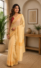 Dwija Fashion Yellow Party Wear Printed Linen Ready To Wear Saree With Unstitched Blouse | Grocsy