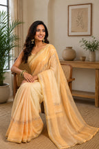 Dwija Fashion Yellow Party Wear Printed Linen Ready To Wear Saree With Unstitched Blouse | Grocsy