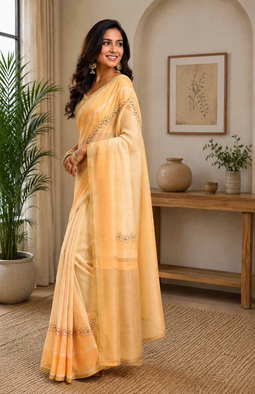 Dwija Fashion Yellow Party Wear Printed Linen Ready To Wear Saree With Unstitched Blouse | Grocsy