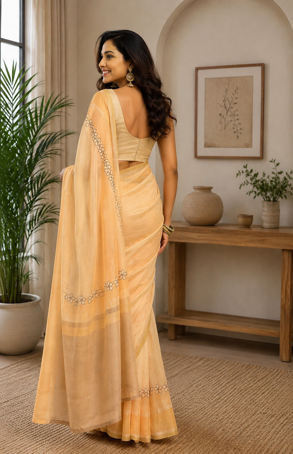 Dwija Fashion Yellow Party Wear Printed Linen Ready To Wear Saree With Unstitched Blouse | Grocsy