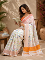 Dwija Fashion White Party Wear Printed Linen Ready To Wear Saree With Unstitched Blouse | Grocsy