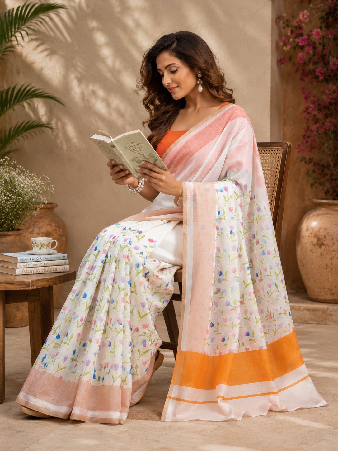 Dwija Fashion White Party Wear Printed Linen Ready To Wear Saree With Unstitched Blouse | Grocsy