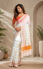 Dwija Fashion White Party Wear Printed Linen Ready To Wear Saree With Unstitched Blouse | Grocsy