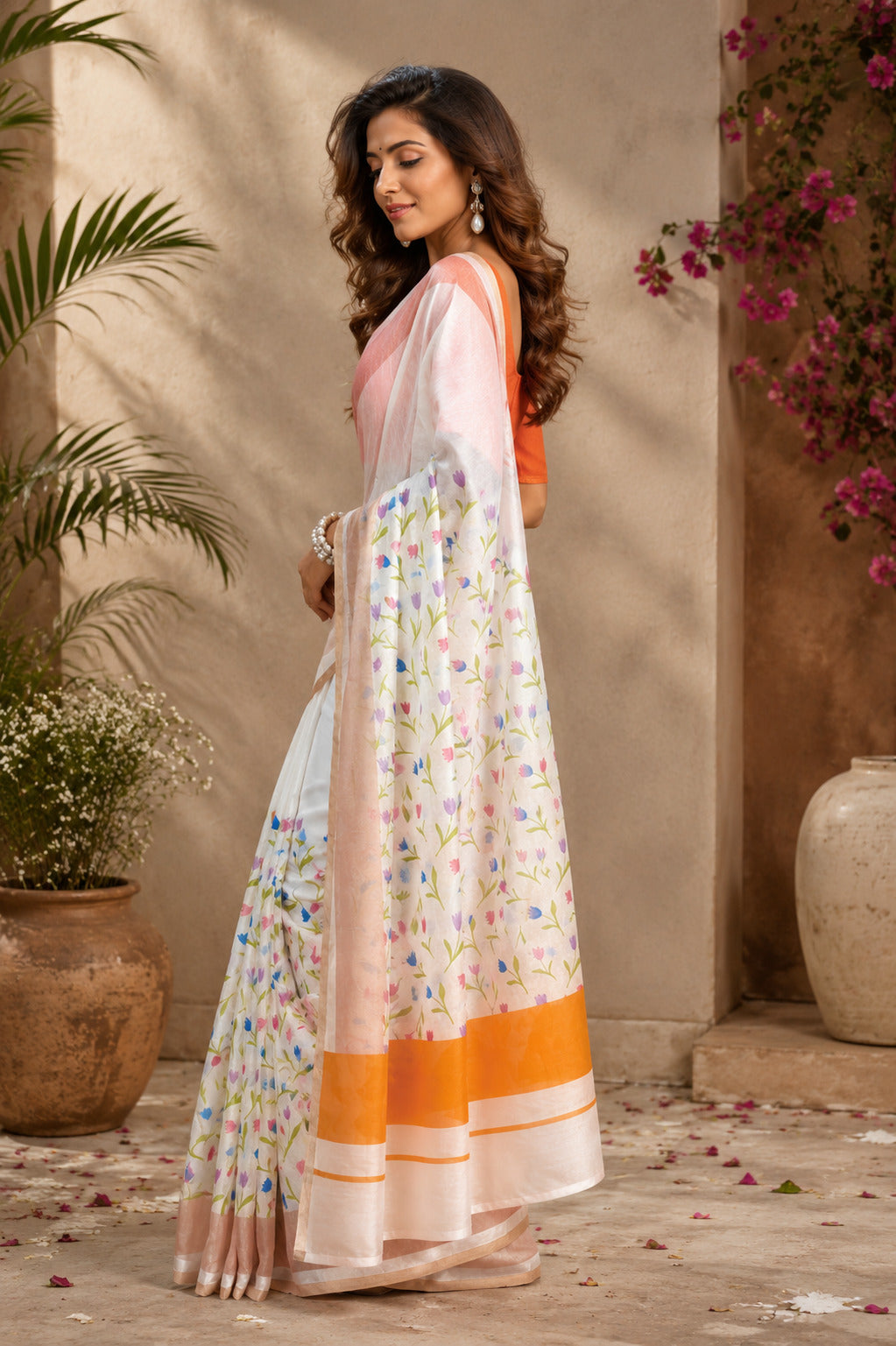 Dwija Fashion White Party Wear Printed Linen Ready To Wear Saree With Unstitched Blouse | Grocsy