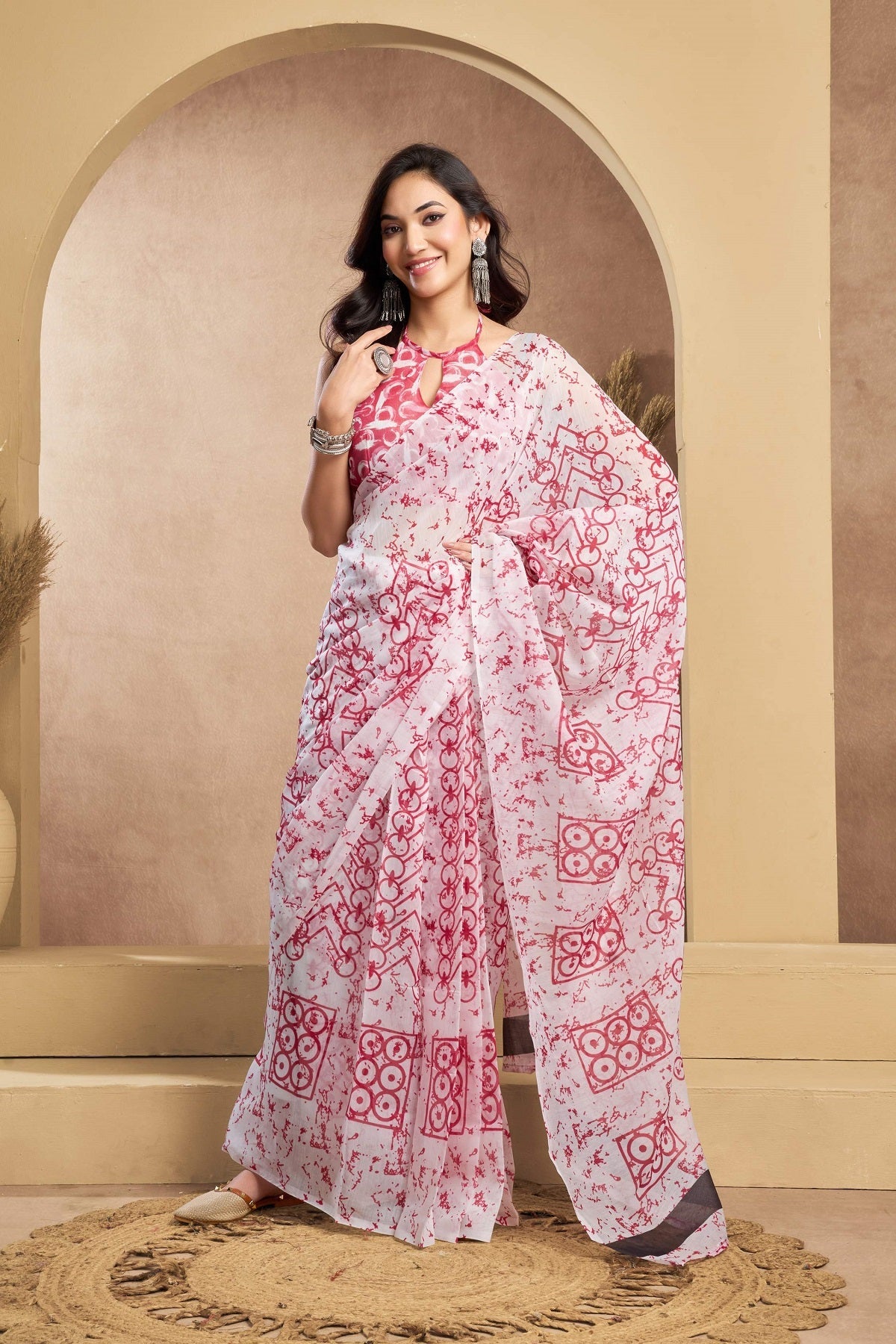 Dwija Fashion White Party Wear Printed Linen Ready To Wear Saree With Unstitched Blouse | Grocsy