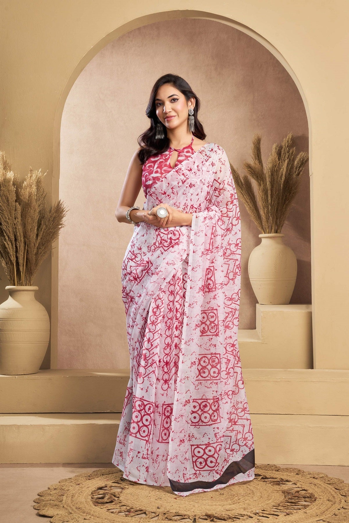 Dwija Fashion White Party Wear Printed Linen Ready To Wear Saree With Unstitched Blouse | Grocsy