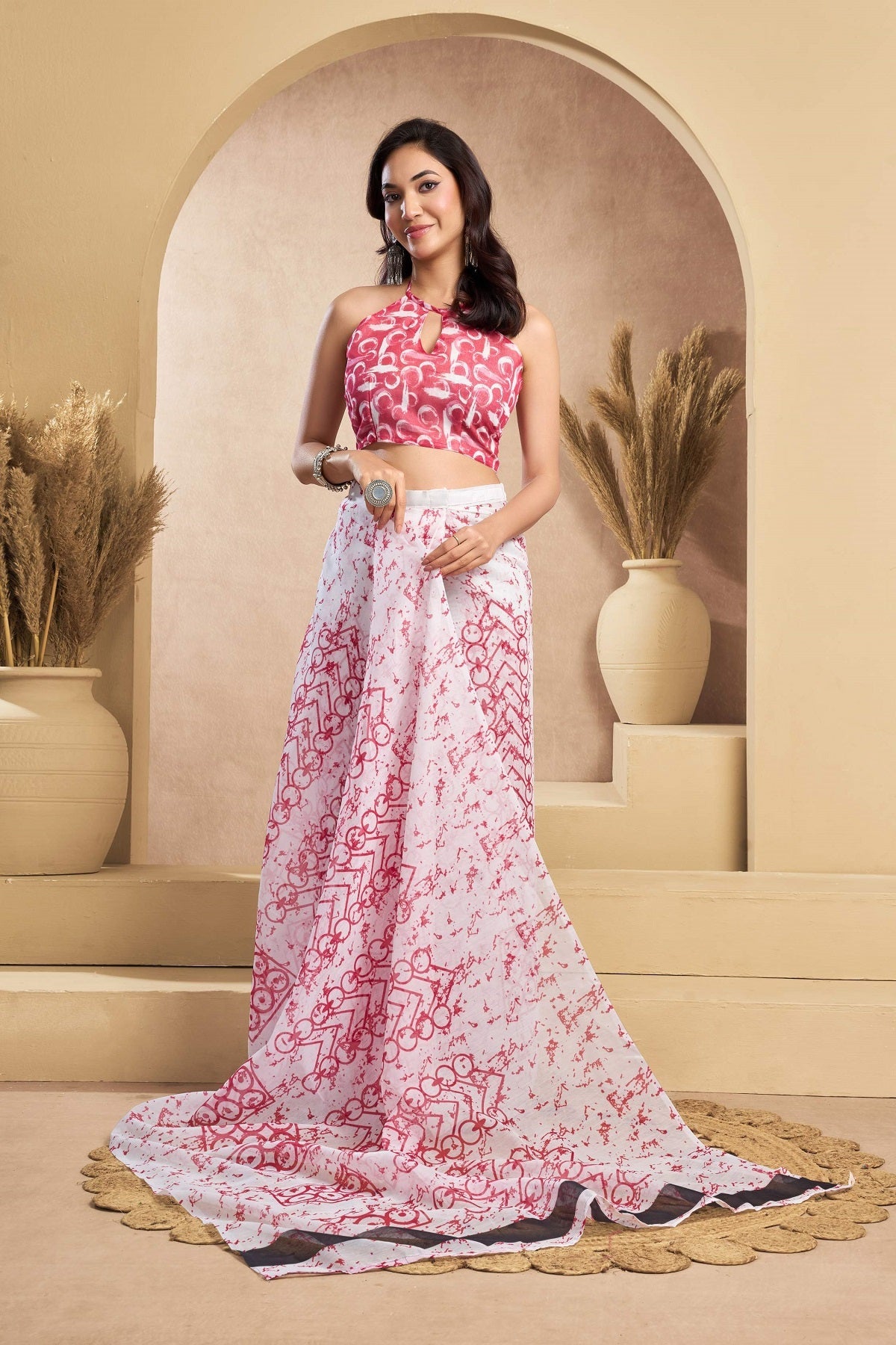 Dwija Fashion White Party Wear Printed Linen Ready To Wear Saree With Unstitched Blouse | Grocsy