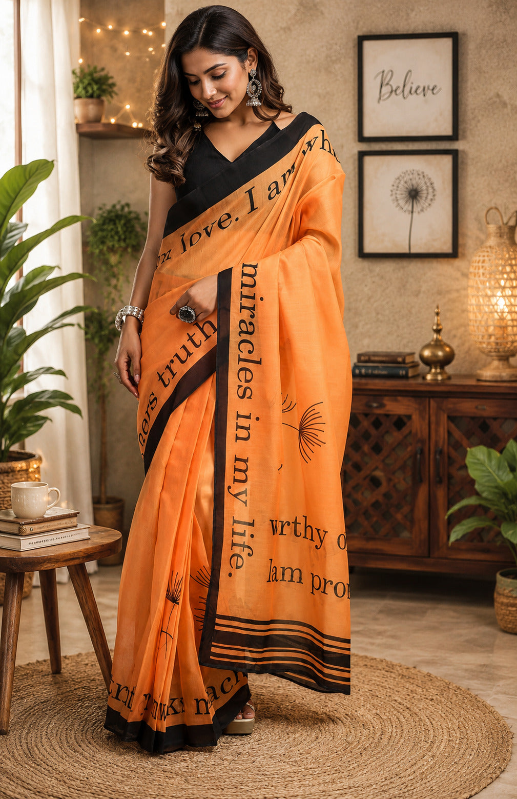 Dwija Fashion Orange Party Wear Printed Linen Ready To Wear Saree With Unstitched Blouse | Grocsy