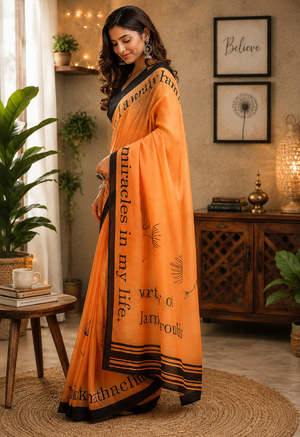 Dwija Fashion Orange Party Wear Printed Linen Ready To Wear Saree With Unstitched Blouse | Grocsy
