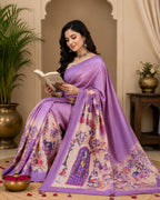Dwija Fashion Lavender Party Wear Printed Linen Ready To Wear Saree With Unstitched Blouse | Grocsy