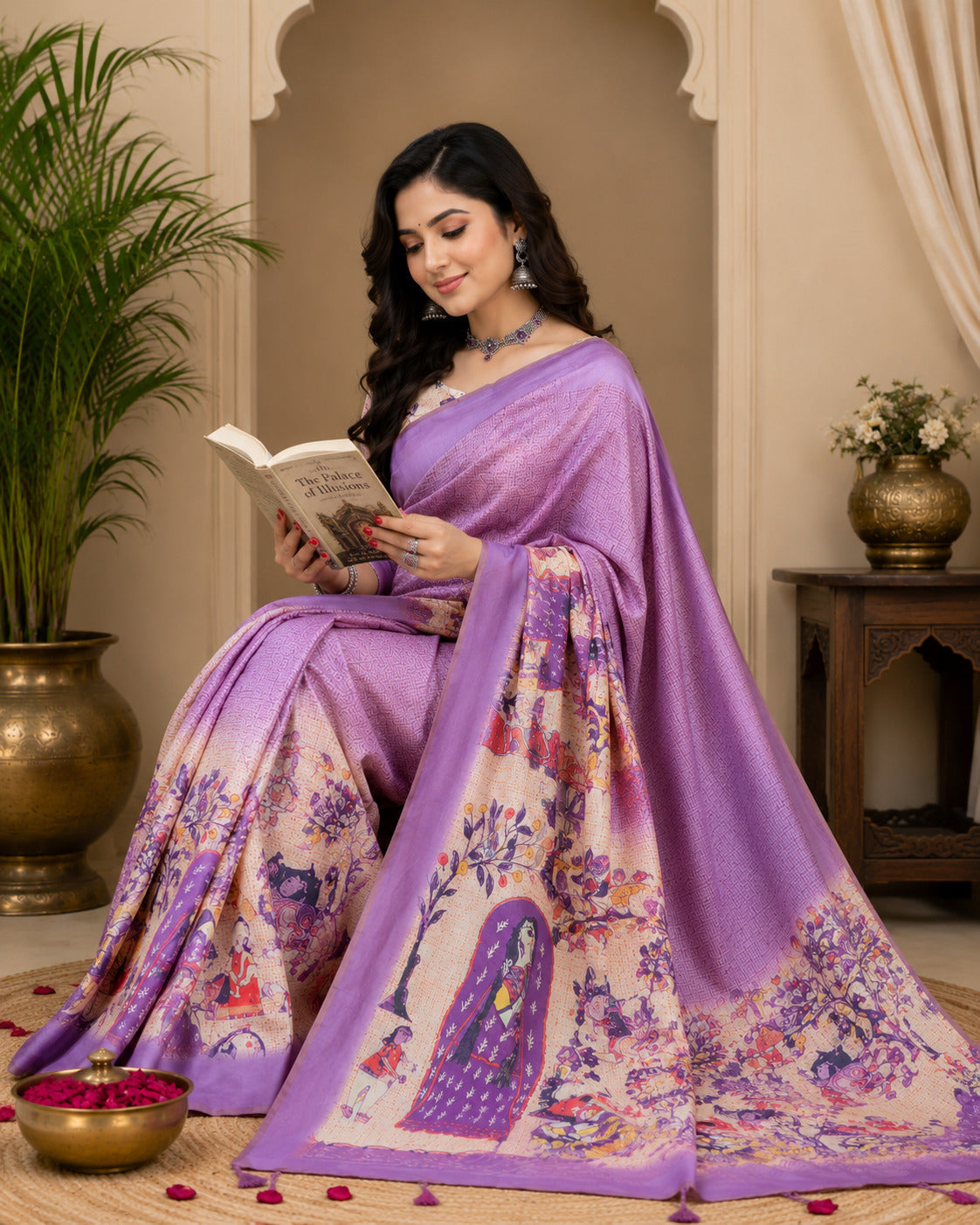 Dwija Fashion Lavender Party Wear Printed Linen Ready To Wear Saree With Unstitched Blouse | Grocsy