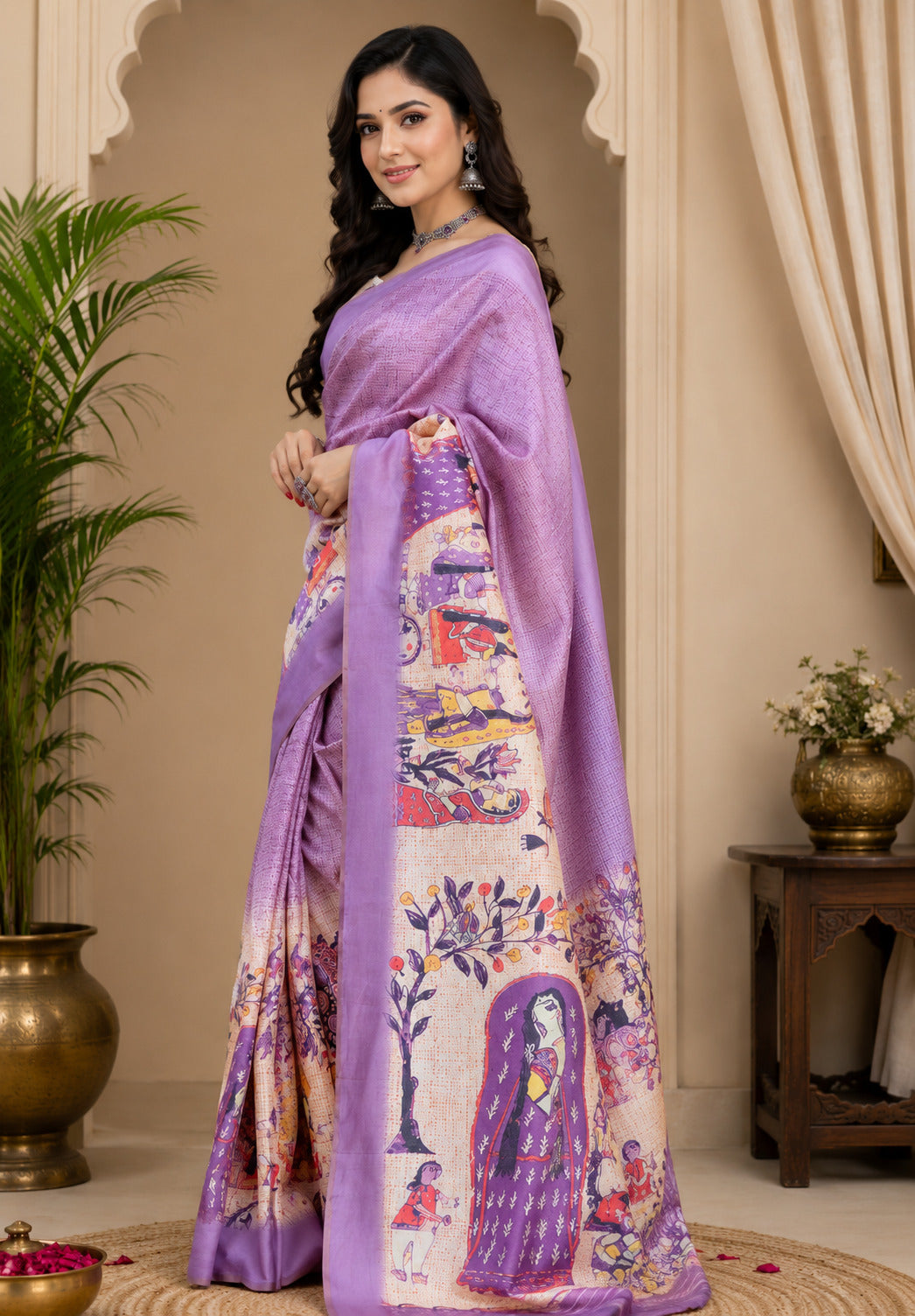 Dwija Fashion Lavender Party Wear Printed Linen Ready To Wear Saree With Unstitched Blouse | Grocsy