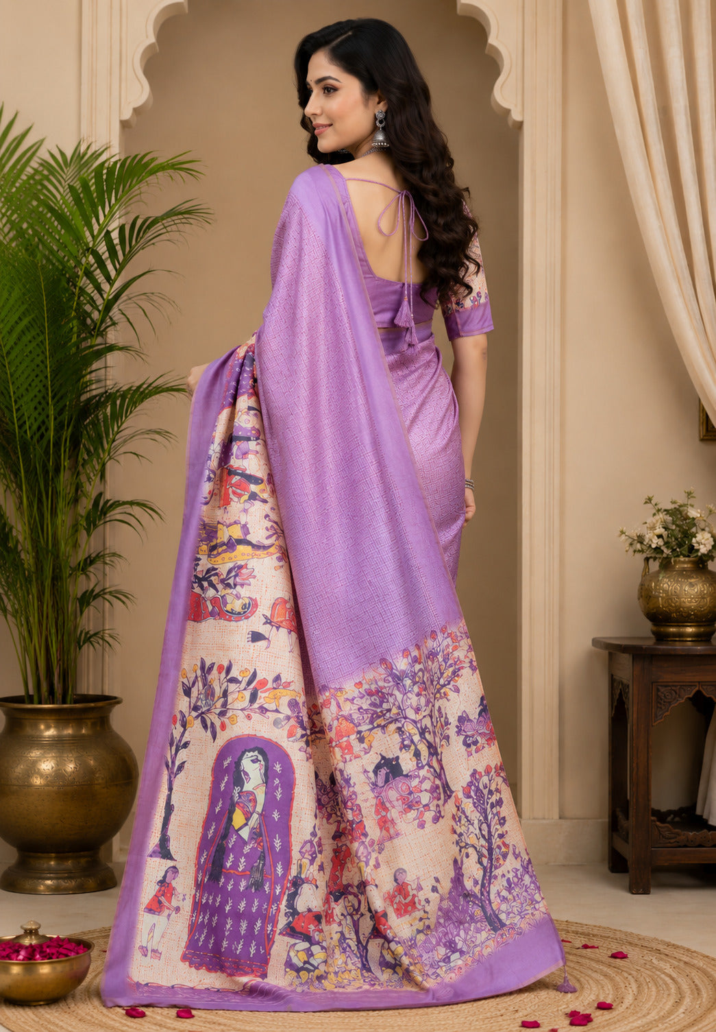 Dwija Fashion Lavender Party Wear Printed Linen Ready To Wear Saree With Unstitched Blouse | Grocsy