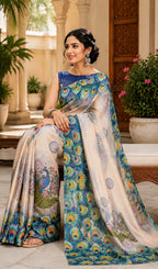 Dwija Fashion White Party Wear Printed Linen Ready To Wear Saree With Unstitched Blouse | Grocsy