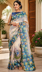 Dwija Fashion White Party Wear Printed Linen Ready To Wear Saree With Unstitched Blouse | Grocsy