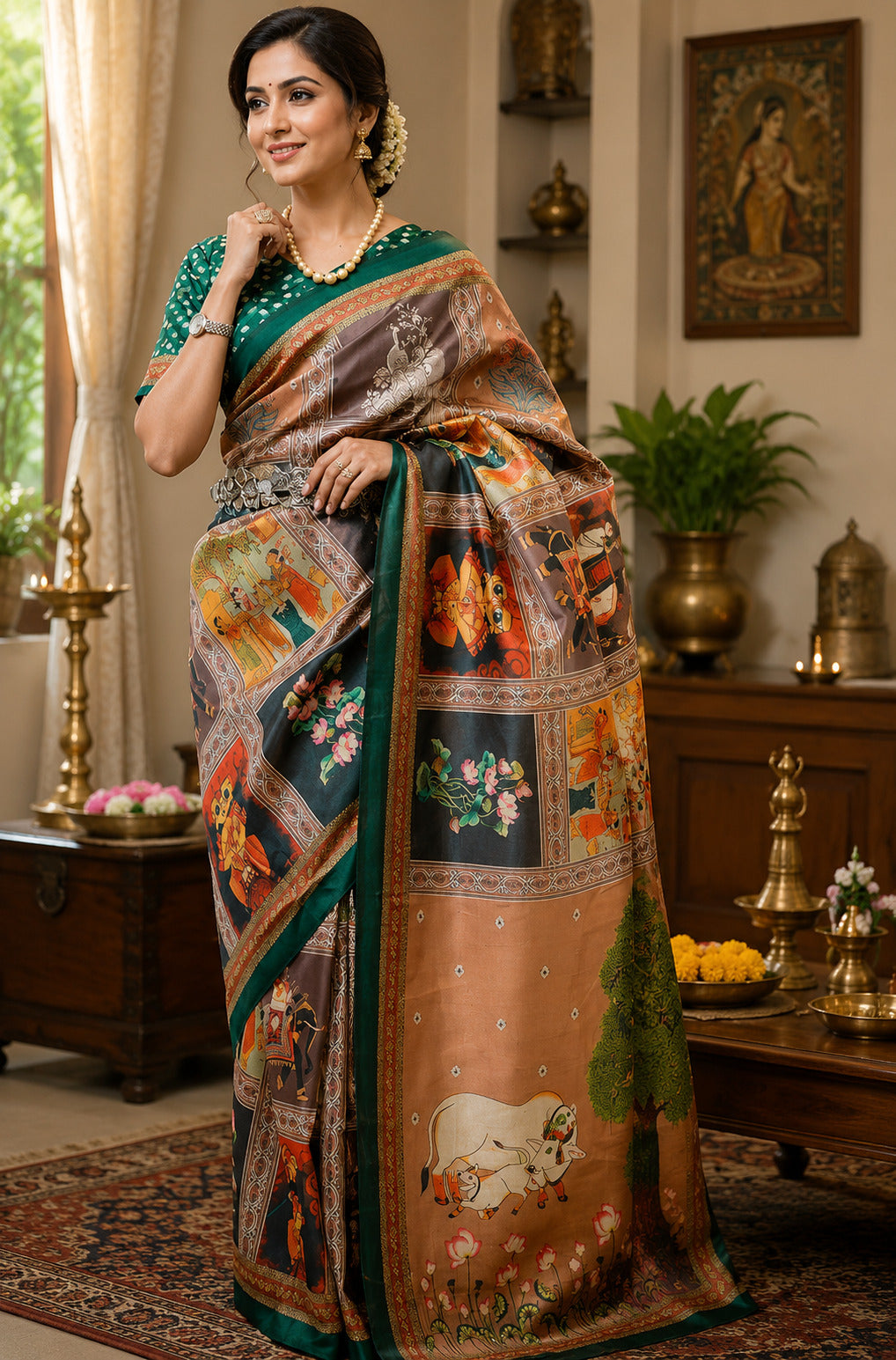 Dwija Fashion Beige Party Wear Printed Linen Ready To Wear Saree With Unstitched Blouse | Grocsy
