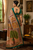 Dwija Fashion Beige Party Wear Printed Linen Ready To Wear Saree With Unstitched Blouse | Grocsy