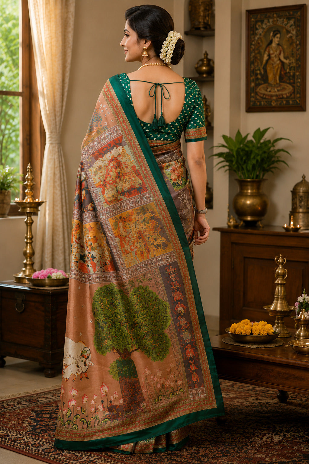 Dwija Fashion Beige Party Wear Printed Linen Ready To Wear Saree With Unstitched Blouse | Grocsy