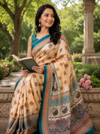Dwija Fashion Beige Party Wear Printed Linen Ready To Wear Saree With Unstitched Blouse | Grocsy