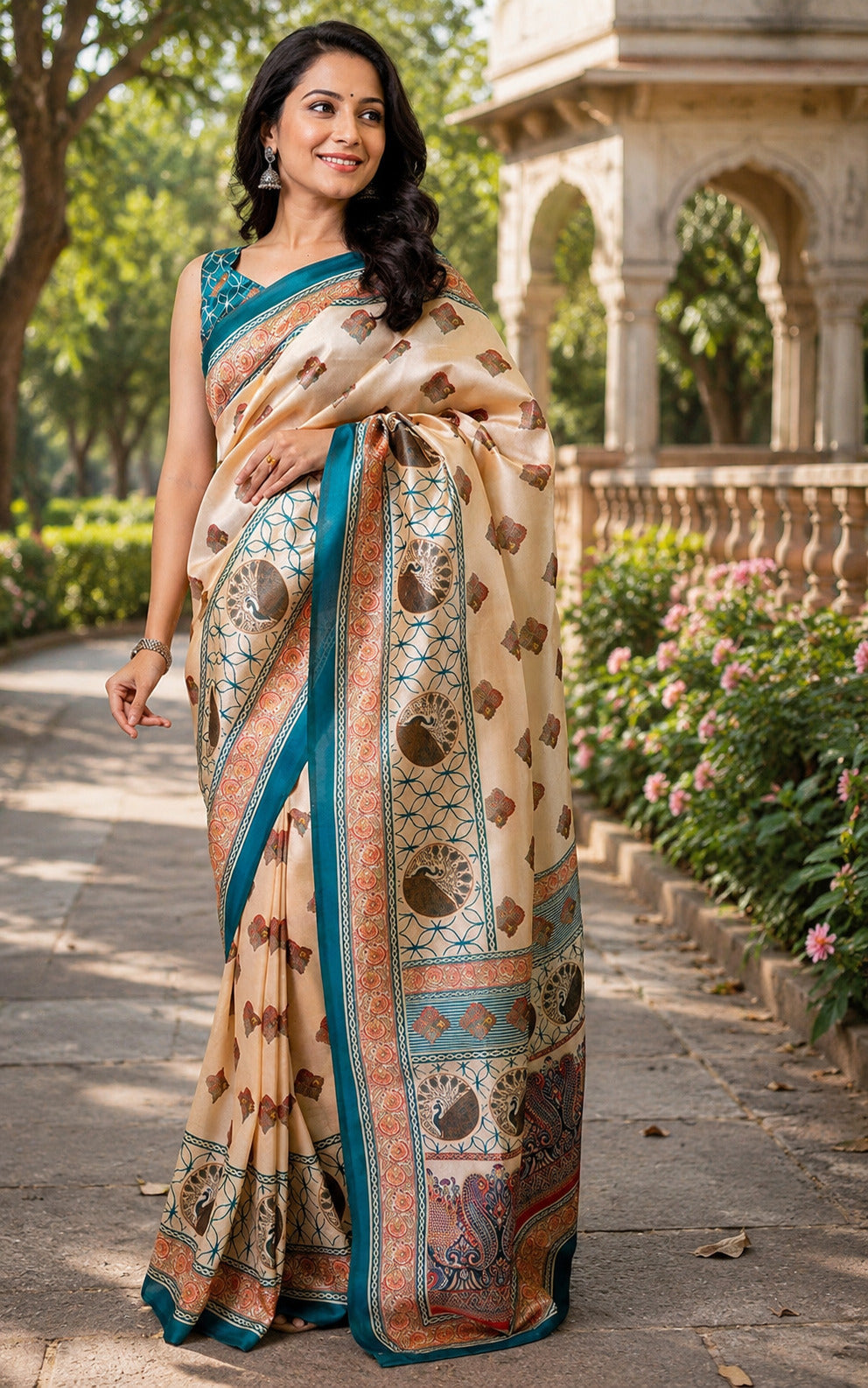 Dwija Fashion Beige Party Wear Printed Linen Ready To Wear Saree With Unstitched Blouse | Grocsy