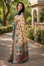 Dwija Fashion Beige Party Wear Printed Linen Ready To Wear Saree With Unstitched Blouse | Grocsy