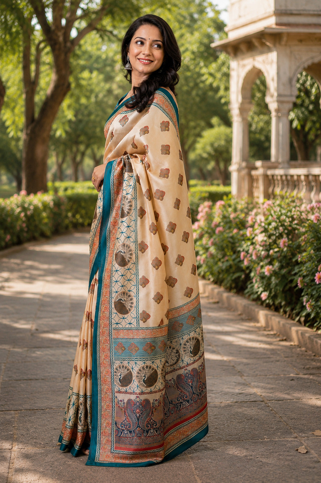 Dwija Fashion Beige Party Wear Printed Linen Ready To Wear Saree With Unstitched Blouse | Grocsy