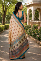 Dwija Fashion Beige Party Wear Printed Linen Ready To Wear Saree With Unstitched Blouse | Grocsy