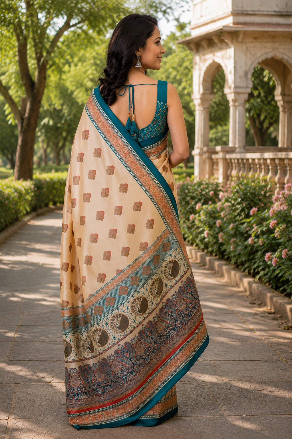 Dwija Fashion Beige Party Wear Printed Linen Ready To Wear Saree With Unstitched Blouse | Grocsy