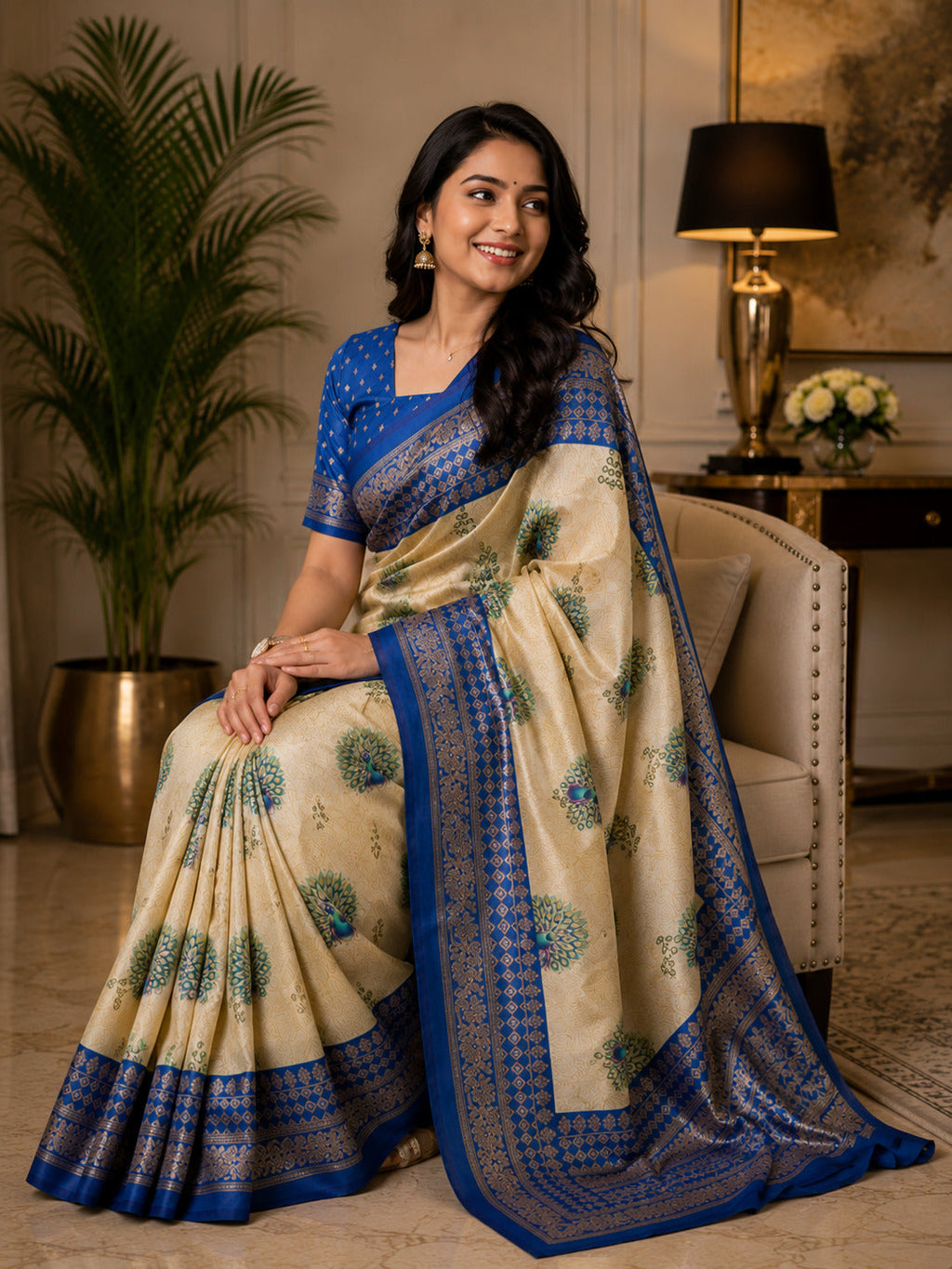 Dwija Fashion Off - White Party Wear Printed Linen Ready To Wear Saree With Unstitched Blouse | Grocsy