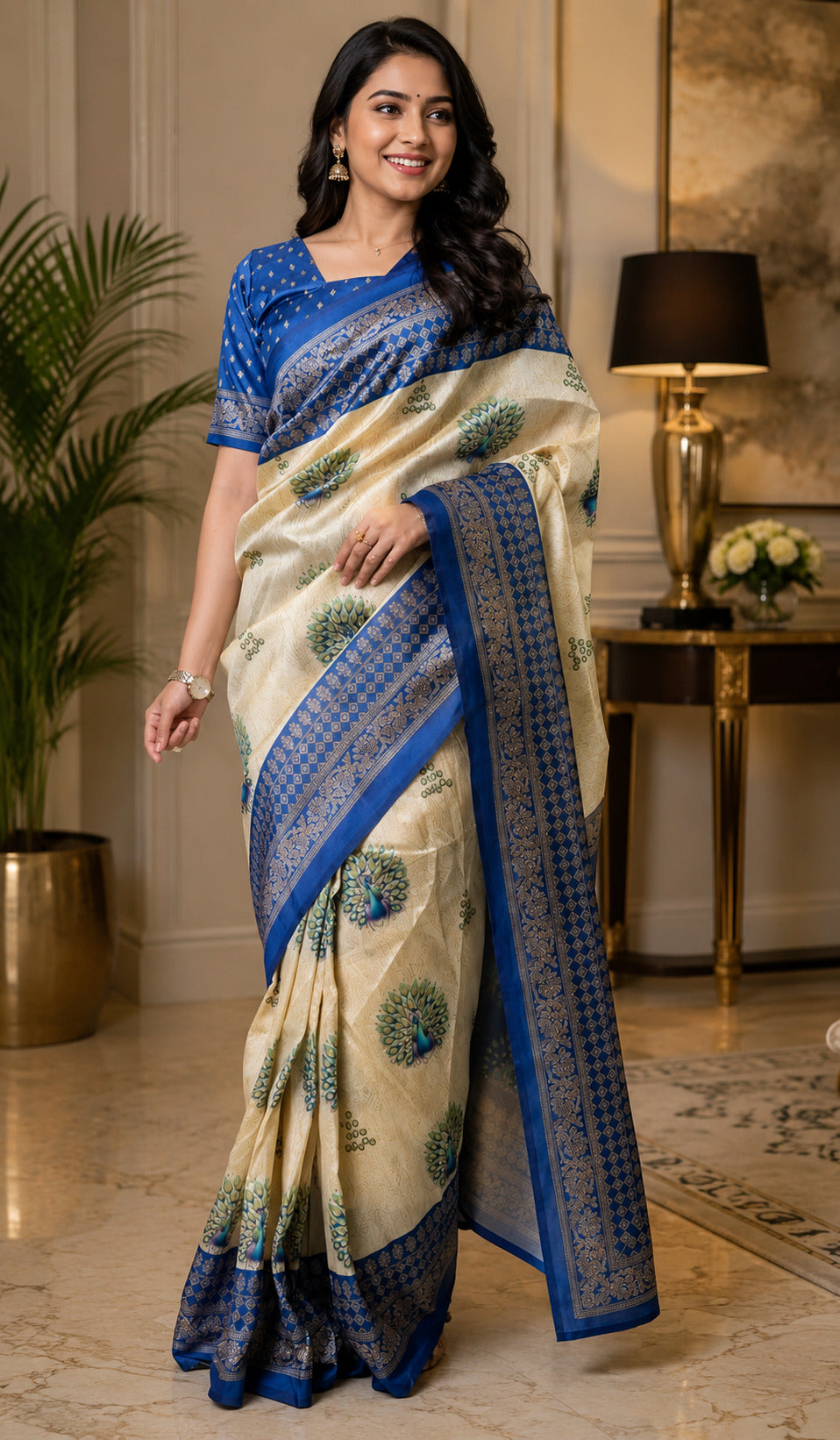 Dwija Fashion Off - White Party Wear Printed Linen Ready To Wear Saree With Unstitched Blouse | Grocsy