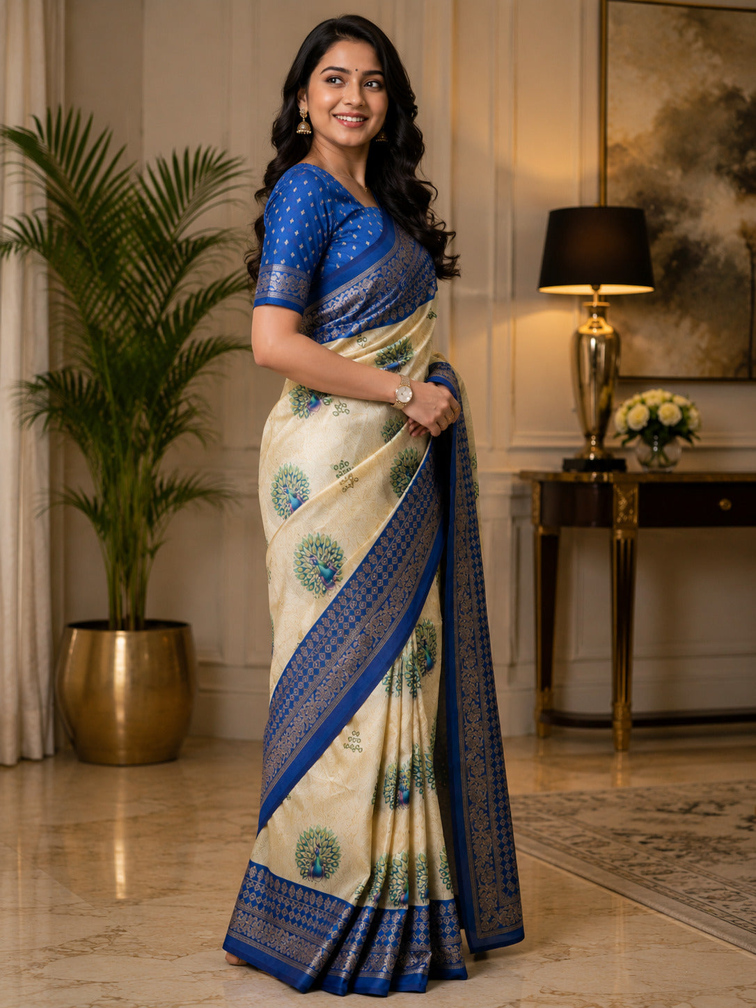 Dwija Fashion Off - White Party Wear Printed Linen Ready To Wear Saree With Unstitched Blouse | Grocsy