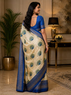 Dwija Fashion Off - White Party Wear Printed Linen Ready To Wear Saree With Unstitched Blouse | Grocsy