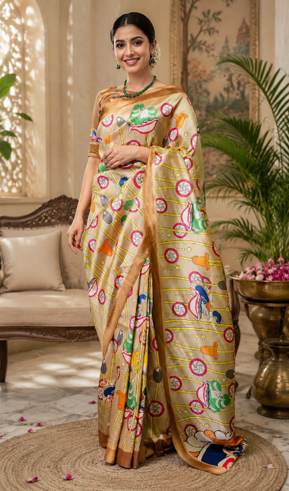 Dwija Fashion Beige Party Wear Printed Linen Ready To Wear Saree With Unstitched Blouse | Grocsy