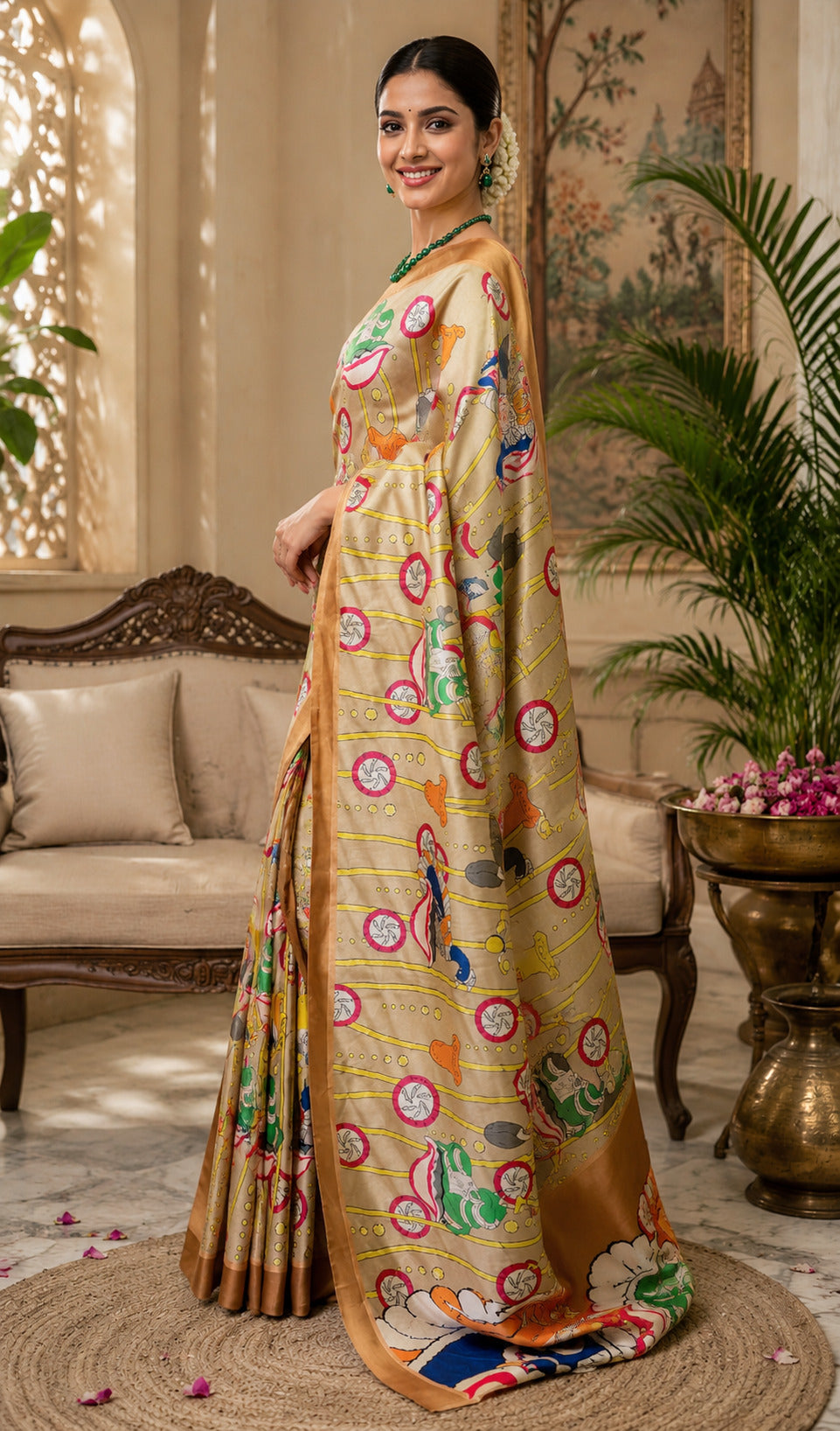 Dwija Fashion Beige Party Wear Printed Linen Ready To Wear Saree With Unstitched Blouse | Grocsy